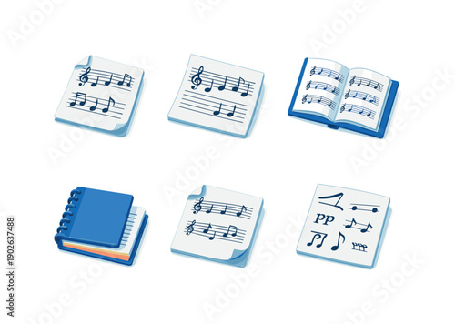 Isometric Music Icons. Printed Music. Isometric flat vector icons set of Printed Music: inked sheet music, staff lines with notes, pair of music pages, bound