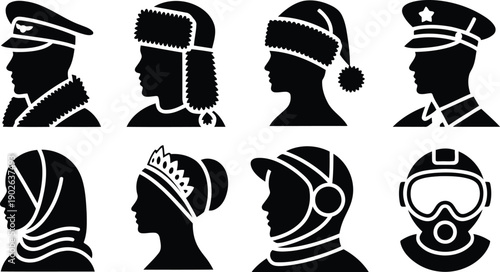 Detailed black silhouettes of people wearing various professional and cultural head coverings