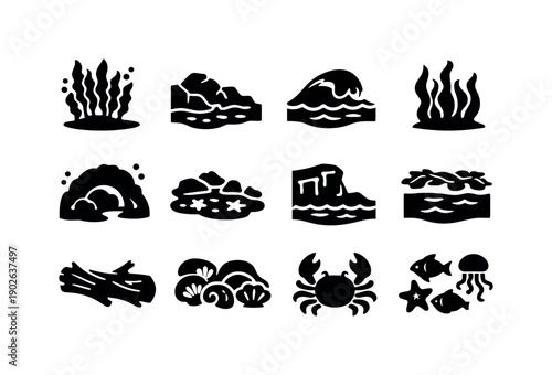 Sea Otter Habitat. Solid icon set of Sea Otter Habitat: kelp forest, rocky shore, ocean waves, seaweed, underwater cave, tide pool, coastal