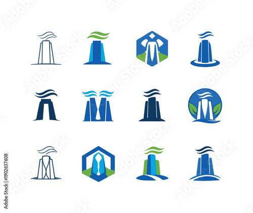 Air Purification Icons. Air purification towers. Icon set. Set Logo of air purification towers: smart eco tower symbol. harmonious logo variations of the same