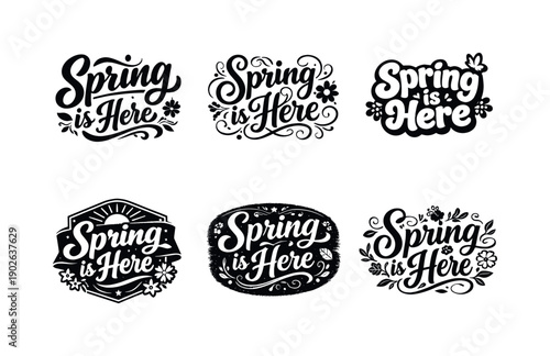Spring is here. Set lettering. harmonious lettering variations of the same emblematic concept, each with different artistic interpretation