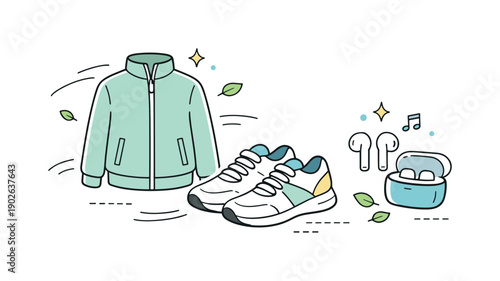 Spring wellness props. Comfortable sneakers, light jacket, and earbuds placed neatly, suggesting an outdoor walk and active balance. Abstract