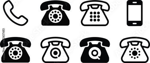 Diverse black phone icons showing classic rotary models, a handset, and a simple smartphone device