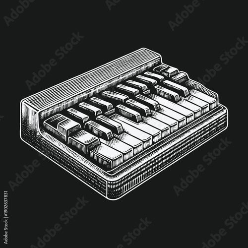 Monochrome Piano Keyboard Illustration with Detailed Hatching and Artistic Flair.