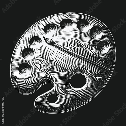 Engraved Artists Palette with Brush: A Detailed Illustration.
