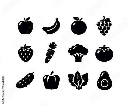 A close-up of fresh fruits and vegetables, promoting a healthy diet. Solid icon set of fresh fruits and vegetables: apple, banana, orange,