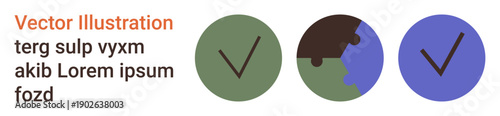 Verification, approval, sustainability, global focus, design concepts, business processes. Three circular icons with checkmarks in green, earth design and purple. Verification and approval imagery