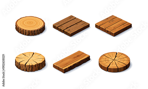 Natural wood surfaces. Isometric flat vector icons set of natural wood surfaces: tree trunk slice, aged floorboards, rustic tabletop, split
