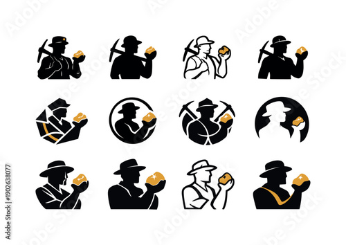 Gold seeker. Icon set. Set Logo of Gold seeker: miner silhouette with gold. harmonious logo variations of the same emblematic concept, each