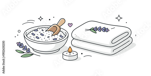Lavender Bath Relaxation. Natural bath soak setup. Small bowl of mineral bath salts with lavender and a scoop, placed beside a clean towel, showing slow care