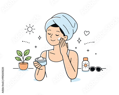 Summer skincare minimal routine. A person calmly applying light cream or lotion, standing in a bright, simple interior. The mood is relaxed,