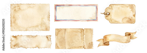 Watercolor travel postcard paper set elements Set.