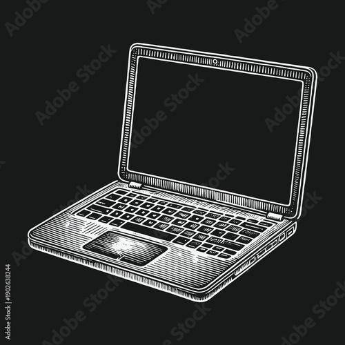 Detailed Engraving of a Laptop Computer on Black Background.