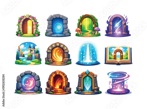 Fantasy portal. Colorful flat vector icons set of fantasy portal: fairy gate, ancient stone portal, glowing forest portal, spell-cast