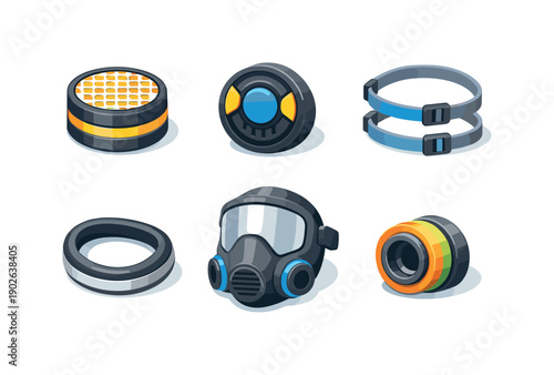 Respirator components. Isometric flat vector icons set of respirator components: replaceable filter cartridge, respirator valve module,