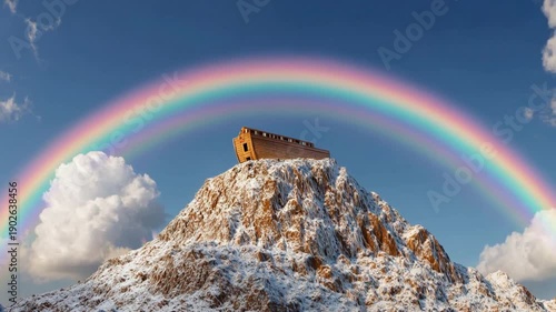  Noah's Ark resting on Mount Ararat with a bright rainbow. Biblical Genesis scene of the wooden vessel symbolizing salvation, hope and God's divine covenant.