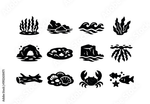 Sea Otter Habitat. Solid icon set of Sea Otter Habitat: kelp forest, rocky shore, ocean waves, seaweed, underwater cave, tide pool, coastal