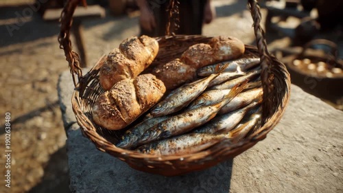 Close up of a rustic wicker basket filled with loaves of bread and fish. A realistic depiction of the biblical miracle of Jesus feeding the 5000 showing divine provision and abundance.