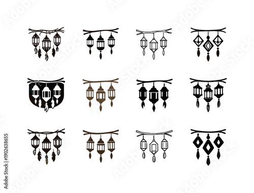 boho picnic aesthetics. Icon set. Set Logo of boho picnic aesthetics: hanging lantern decor. harmonious logo variations of the same