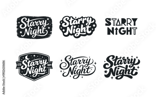 Starry Night. Set lettering. harmonious lettering variations of the same emblematic concept, each with different artistic interpretation