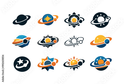 Gravity Icon Set. The role of gravity in space and astrophysics. Icon set. Set Logo of the role of gravity in space and astrophysics: planet orbiting star.