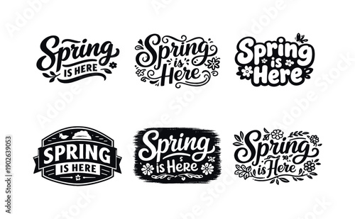 Spring is here. Set lettering. harmonious lettering variations of the same emblematic concept, each with different artistic interpretation