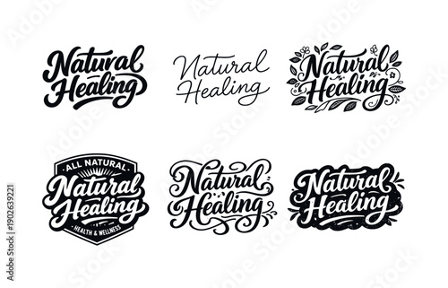 Natural healing lettering. Set lettering. harmonious lettering variations of the same emblematic concept, each with different artistic