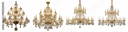 Foto Set of luxury crystal chandeliers with golden metal frames isolated on white bac