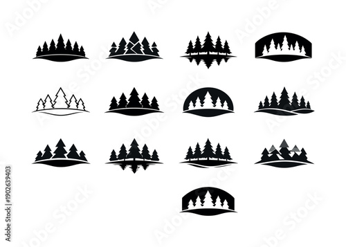 Forest. Icon set. Set Logo of forest: evergreen forest horizon. harmonious logo variations of the same emblematic concept, each