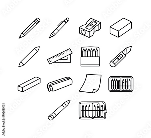 Pencil Drawing Tools. Line icon set of Pencil Drawing Tools: wooden pencil, mechanical pencil, pencil sharpener, eraser block, blending