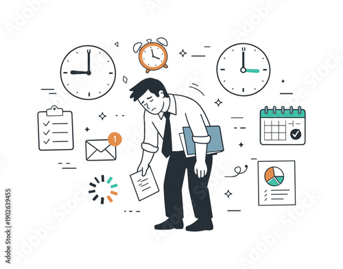 Human cost of efficiency and burnout. An employee surrounded by clocks and task icons, posture slightly bent but still composed. The scene