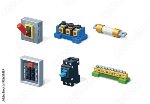 Power distribution system. Isometric flat vector icons set of power distribution system: main disconnect switch, power distribution block,