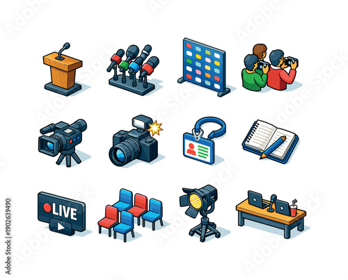 Press Conference. Colorful isometric vector icons set of Press Conference: speaker podium, microphones cluster, press backdrop