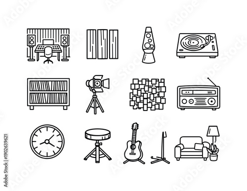 Retro music studio. Line icon set of retro music studio: classic studio room, wooden wall panels, lava lamp, vinyl record player, record