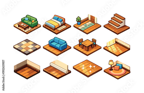 Interior Flooring. Colorful isometric vector icons set of Interior Flooring: living room floor, bedroom wood floor, hallway planks, staircase