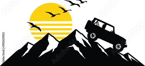 Silhouette of a jeep on a mountain peak with sun and birds in the background  outdoor adventure scene