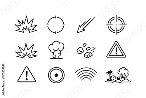Combat Strike Symbols. Line icon set of Combat Strike Symbols: explosion icon, blast radius ring, strike arrow, target crosshair, impact