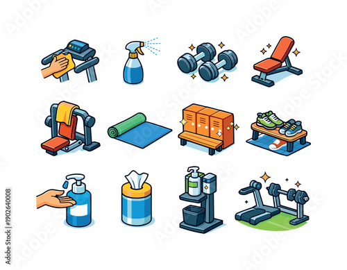 Gym hygiene. Colorful isometric vector icons set of Gym hygiene: wiping equipment, disinfectant spray, clean dumbbells, sanitized bench,