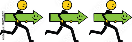 Three cartoon stick figures running with green smiling arrows pointing to the right side