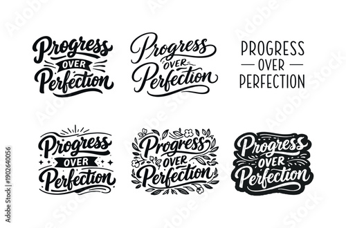 Lettering Variations Grid. Progress Over Perfection. Set lettering. harmonious lettering variations of the same emblematic concept, each with different