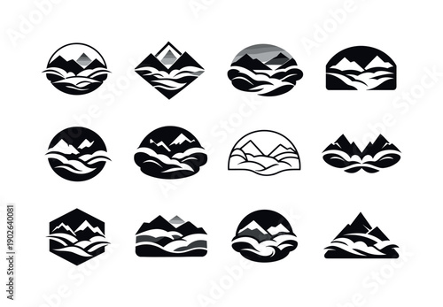 Rolling Fog. Icon set. Set Logo of Rolling Fog: valley fog flow. harmonious logo variations of the same emblematic concept, each with