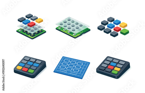 POS terminal keypad. Isometric flat vector icons set of POS terminal keypad: keypad exploded view, keypad internal contact sheet, keypad