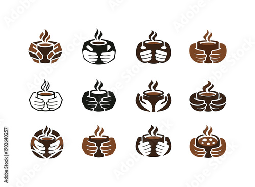 Drinking hot chocolate. Icon set. Set Logo of Drinking hot chocolate: hands holding warm mug. harmonious logo variations of the