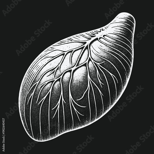 Detailed Anatomical Illustration of a Human Spleen on Black Background.