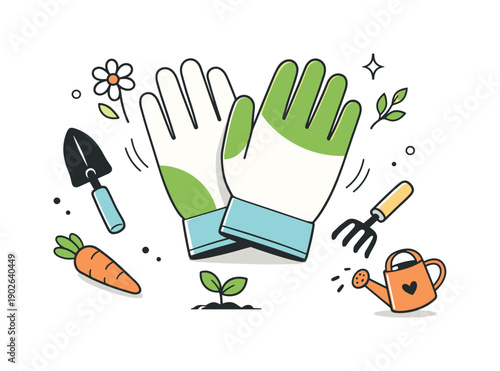 Garden gloves flat lay in modern still-life style. Clean silhouettes and smooth curves focus on usability and comfort. The feeling is fresh,