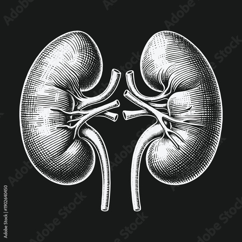 Engraved Kidney Illustration: Detailed Anatomical Artwork on Black Background.