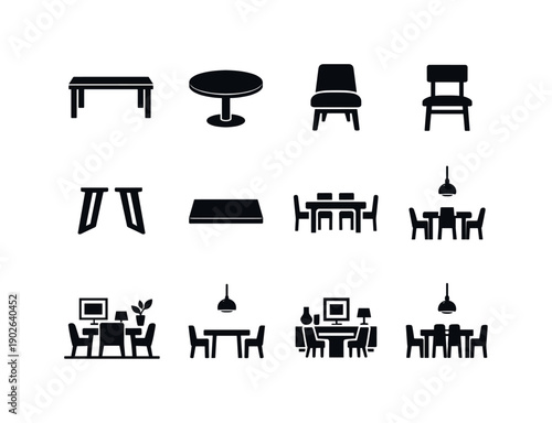 modern dining furniture. Solid icon set of modern dining furniture: rectangular table, round table, upholstered chair, wooden chair, metal