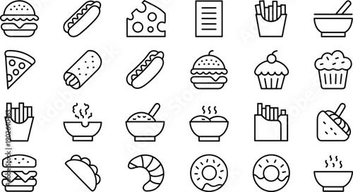 Isometric black‑and‑white food icon set featuring hamburgers, hot dogs, tacos, pizza, donuts, croissants, fries, bowls, and cupcakes for menus, apps, and design projects