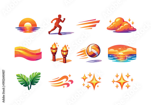 Sunset Sports Icons. Sunset sports vibe. Colorful isometric vector icons set of sunset sports vibe: orange sun horizon, long shadows, athlete silhouette,