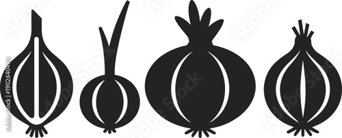 Black onion silhouette set, vegetable icons collection, minimal food illustration, isolated kitchen ingredients, organic farming symbols, vector design, graphic artwork
